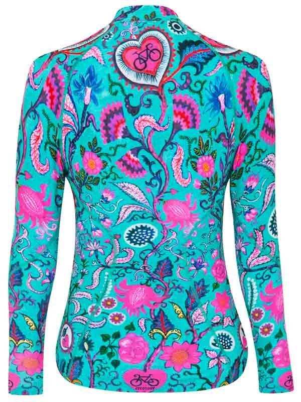 Vibrant floral cycling jersey with heart and bike motif, long sleeves, turquoise base
