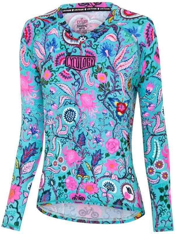 Women's long sleeve cycling jersey with vibrant floral pattern and pink accents, ideal for road or mountain biking.