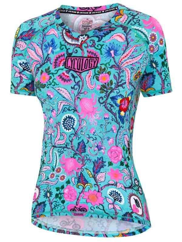 Women's cycling jersey with vibrant floral print, short sleeves, and breathable fabric for active rides
