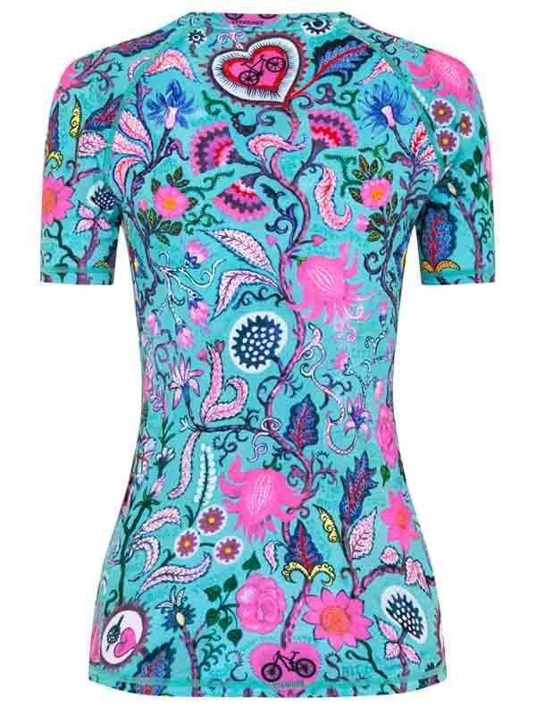 Women's cycling jersey with vibrant floral and bike print, turquoise base, short sleeves