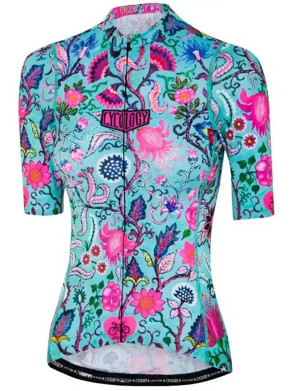 Women's cycling jersey with vibrant floral and paisley print, short sleeves, full zip front
