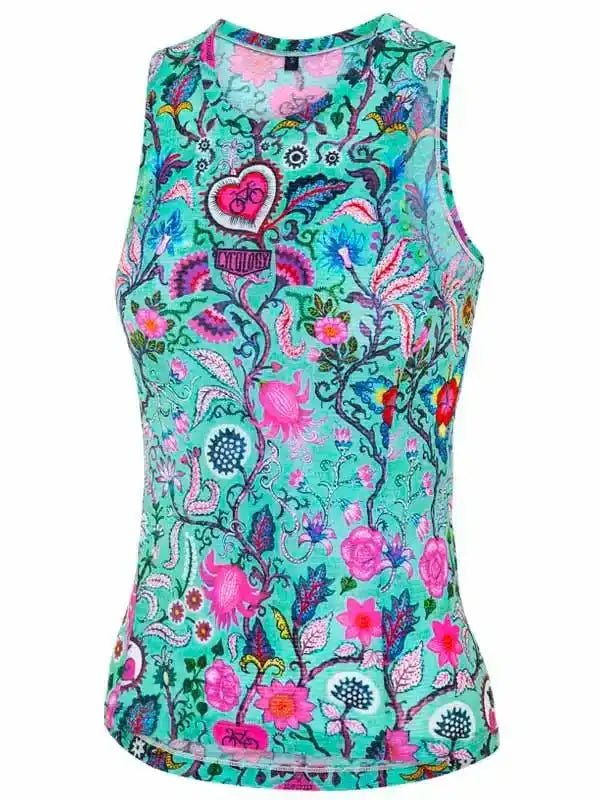 Women's floral cycling tank top with vibrant pink and teal botanical print, ideal for summer rides.