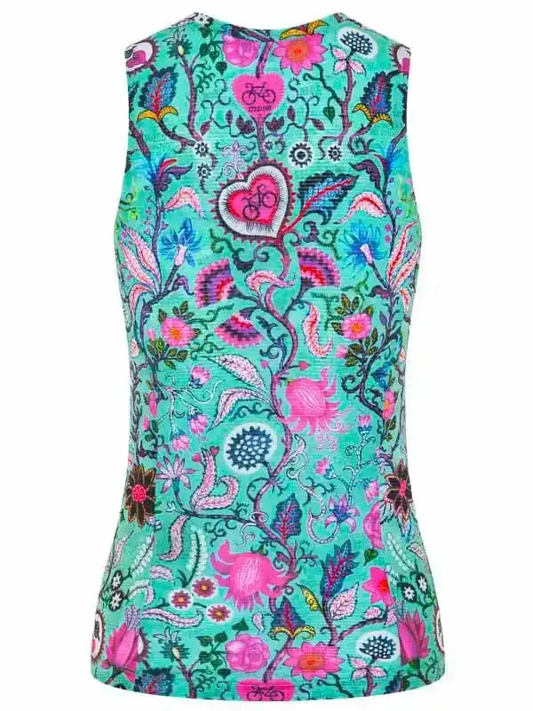 Women's sleeveless cycling top with vibrant floral and bike print on teal background
