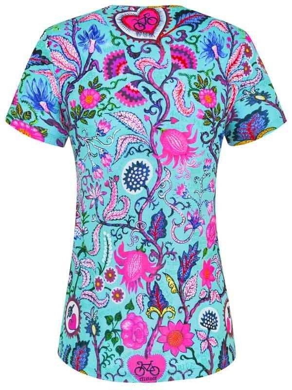 Women's cycling jersey with vibrant floral and heart pattern, featuring bike motifs on turquoise background