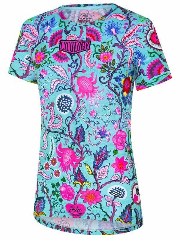 Women's cycling jersey with vibrant floral pattern, pink and blue design, ideal for road biking