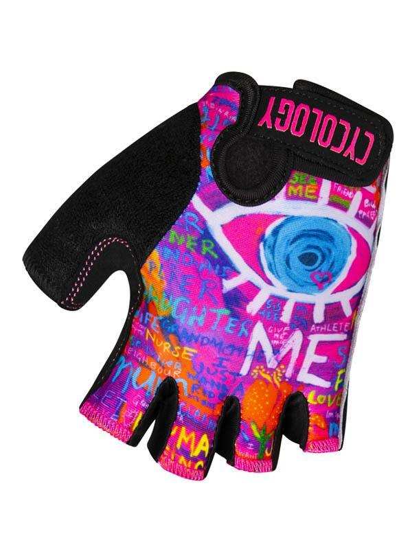Colorful women's cycling glove with eye graphic and 'CYCOLOGY' branding, fingerless design for comfort.
