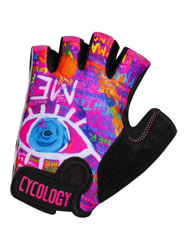 Vibrant graffiti-style cycling glove with eye graphic, fingerless design, and padded palm for comfort.