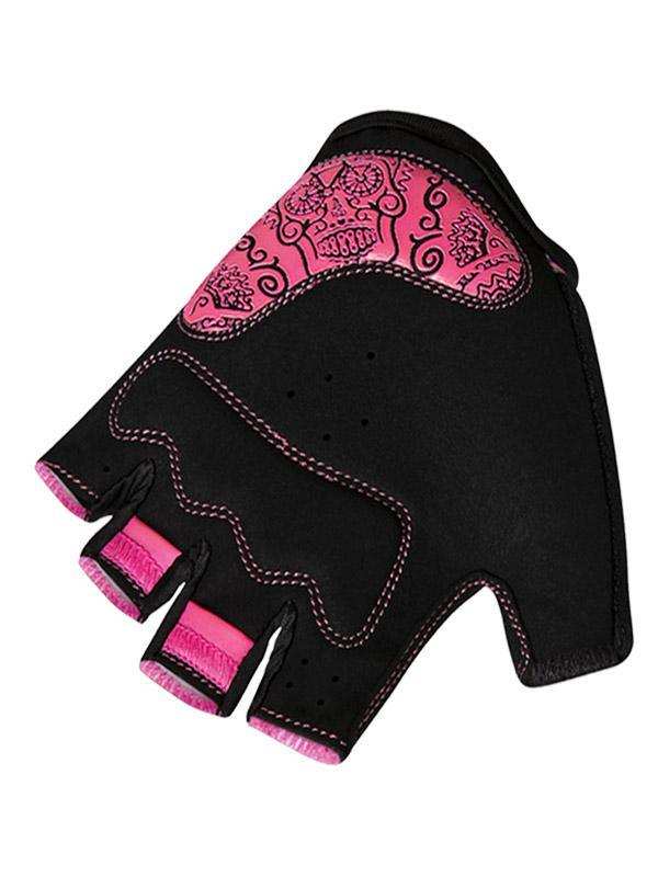 Black and pink fingerless cycling gloves with sugar skull design, ideal for women's bike rides