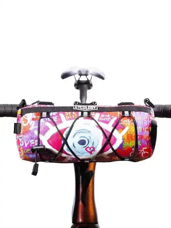 Colorful graffiti-style bike frame bag with heart & eye design, perfect for cycling adventures