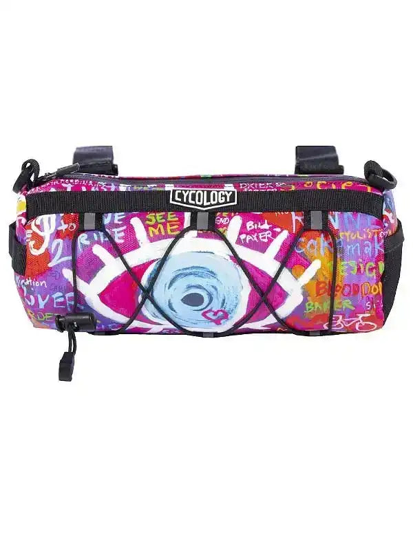Cycology bike frame bag with vibrant graffiti-style eye design, perfect for cycling gear storage