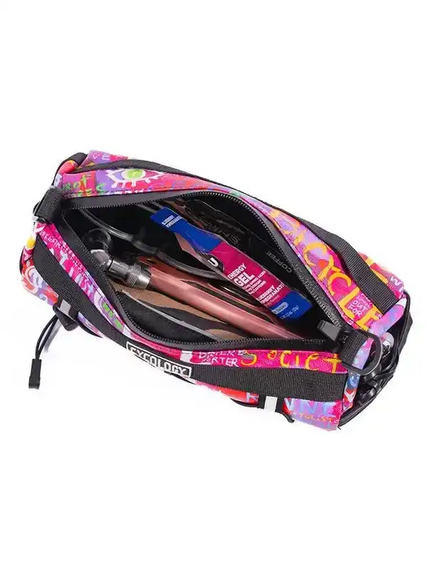 Colorful cycling seat bag with energy gel and tools inside, ideal for bike rides