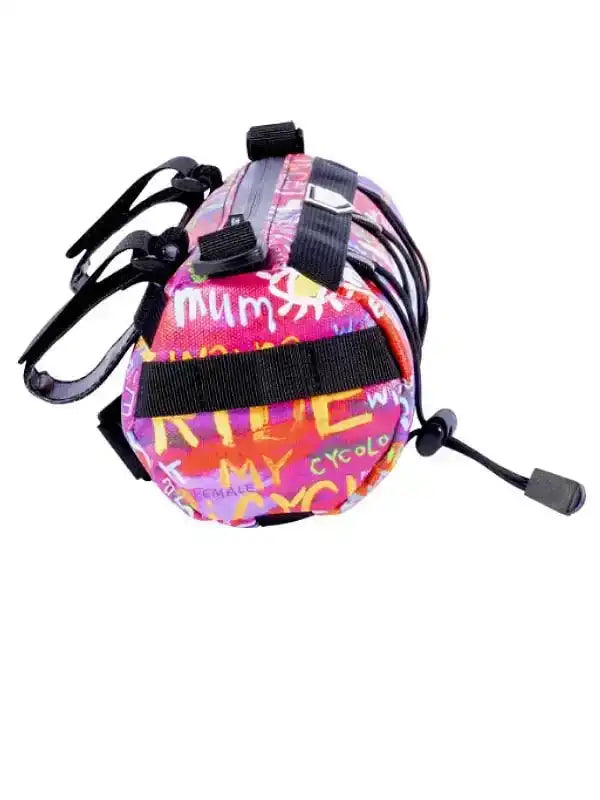 Colorful cycling saddle bag with 'Mum Ride My Cyclo' print, black straps, and drawstring closure