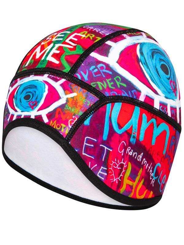 Colorful cycling skull cap with graffiti art, bold eyes, and vibrant text design for men and women