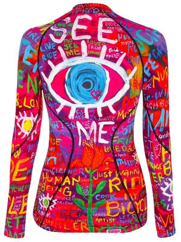 Vibrant graffiti-style cycling jersey with bold eye graphic and colorful text, designed for men and women riders.