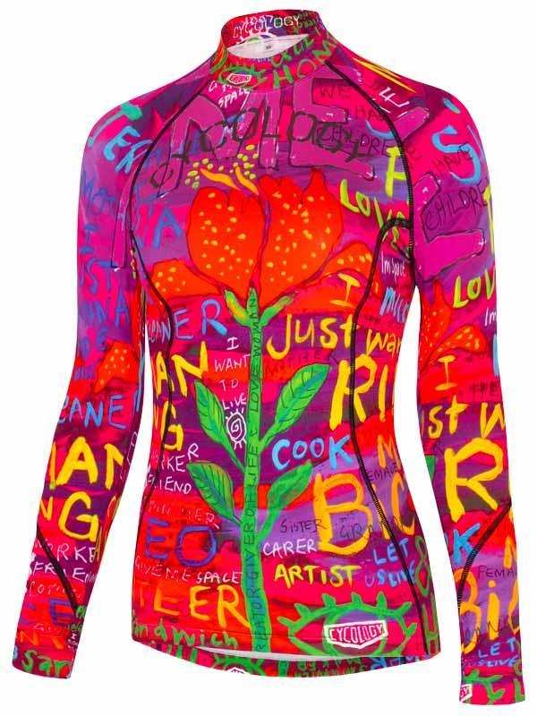 Women's vibrant cycling jersey with colorful floral and graffiti-style print, long sleeves, high neck