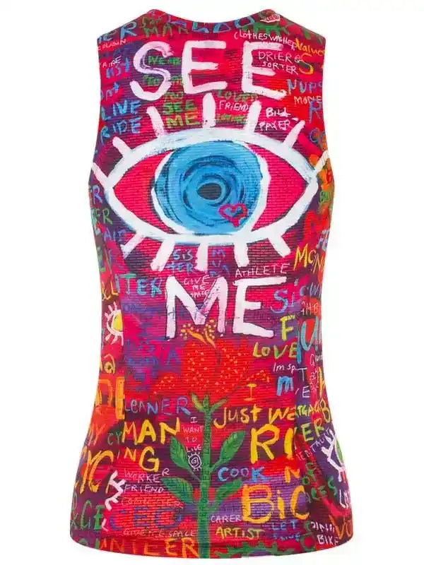 Vibrant women's cycling tank top with bold 'SEE ME' eye graphic and colorful graffiti-style text design
