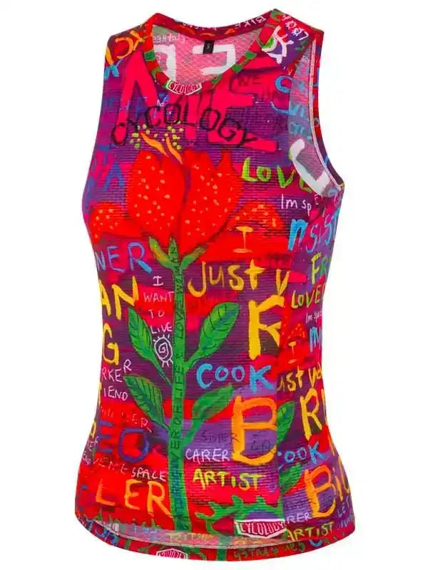 Women's colorful cycling tank top with graffiti-style art and bold text design