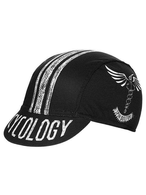 Black cycling cap with white 'Cycology' text, winged caduceus logo, and distressed stripes for road bike riders