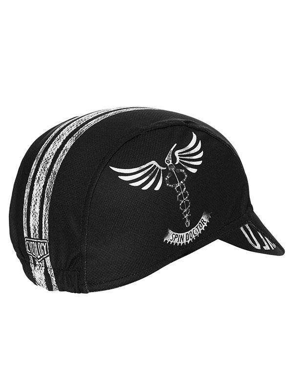 Black cycling cap with white winged caduceus design and 'Spin Doctor' text, ideal for road cyclists.