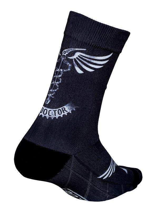 Black cycling sock with white winged gear design and 'DOCTOR' text, ideal for cyclists