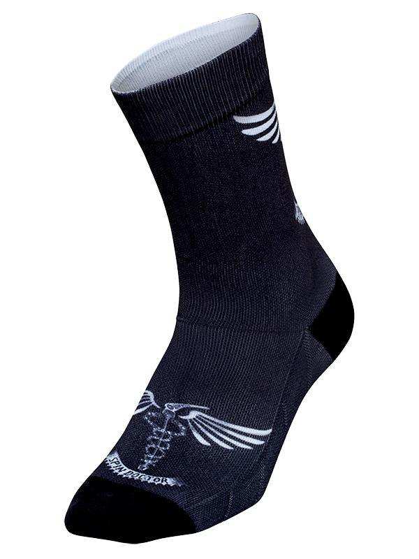 Black cycling sock with white winged caduceus design, performance fabric for men's and women's bike rides
