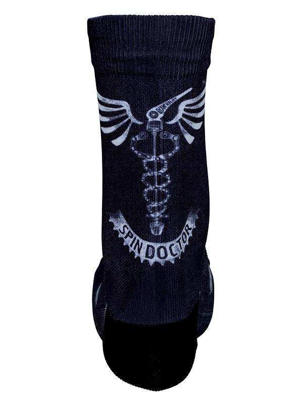 Black cycling sock with 'Spin Doctor' graphic and winged medical symbol design