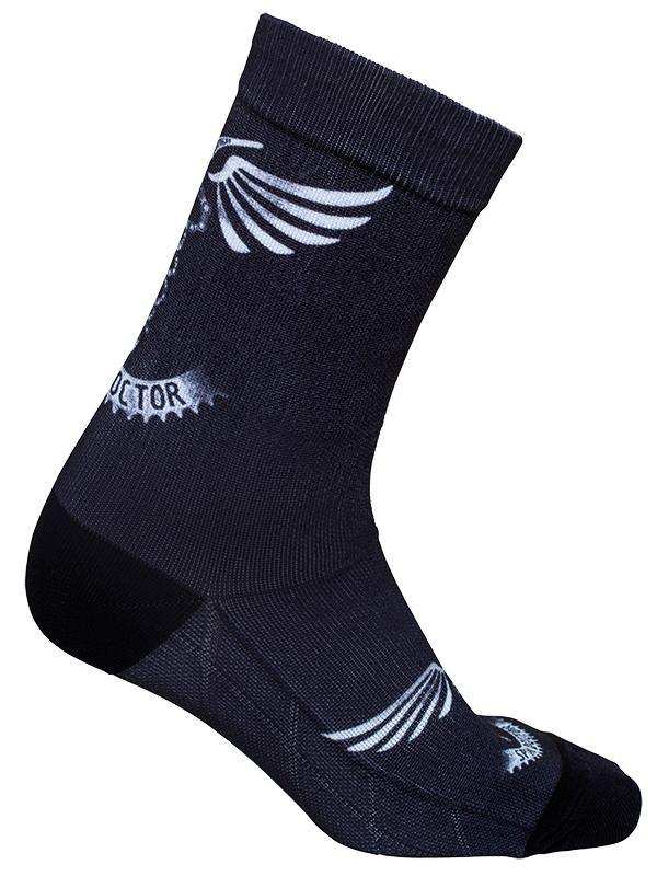 Black cycling sock with white wing design and 'DOCTOR' text, ideal for men's and women's bike rides