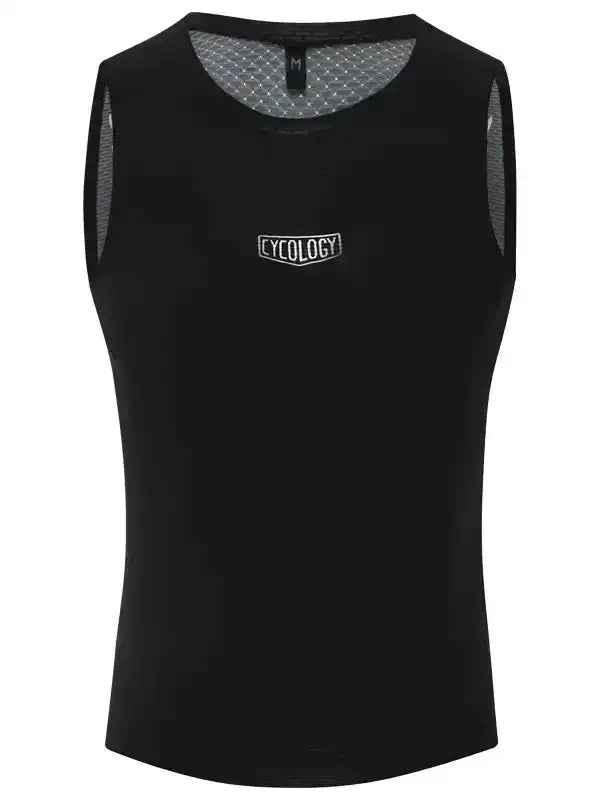 Black men's cycling vest with mesh back and Cycology logo, breathable design for performance