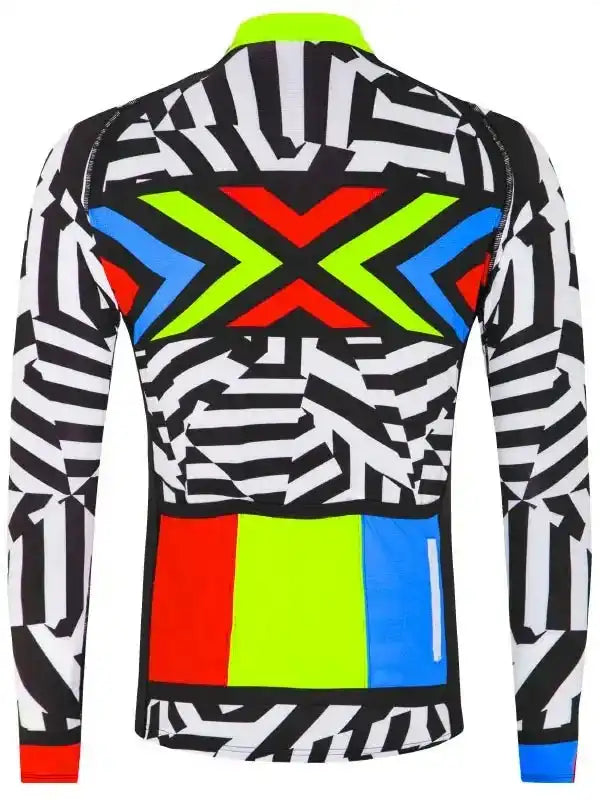 Men's cycling jersey with bold geometric print, neon accents, and reflective panels for visibility
