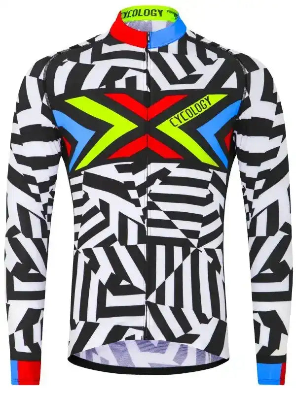 Men's long sleeve cycling jersey with bold geometric print and neon accents, ideal for road biking