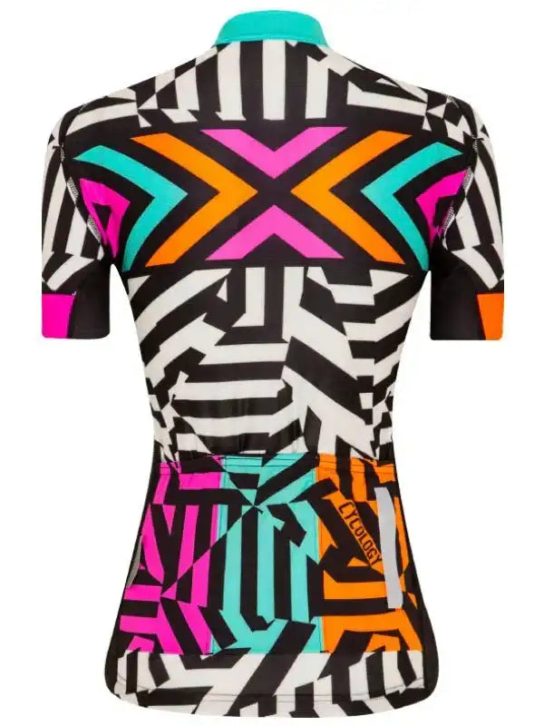 Women's cycling jersey with bold geometric print in neon pink, orange, and teal on black and white background