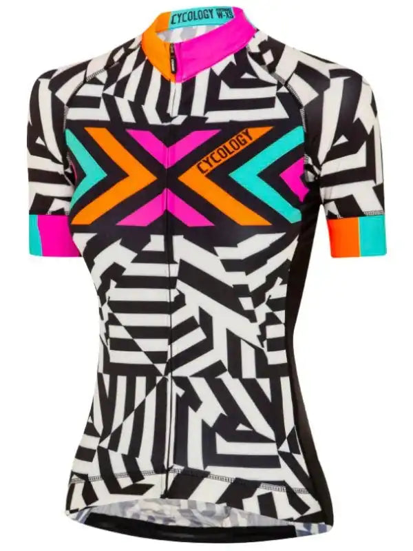 Women's cycling jersey with bold geometric print and vibrant neon accents, featuring full zip and fitted design.