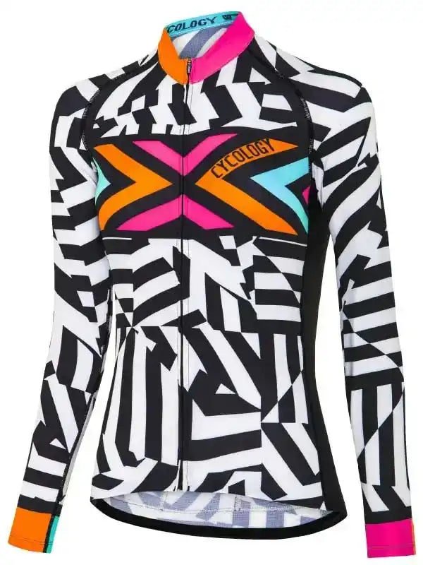 Women's cycling jersey with bold black-and-white geometric print and vibrant pink, orange, teal accents