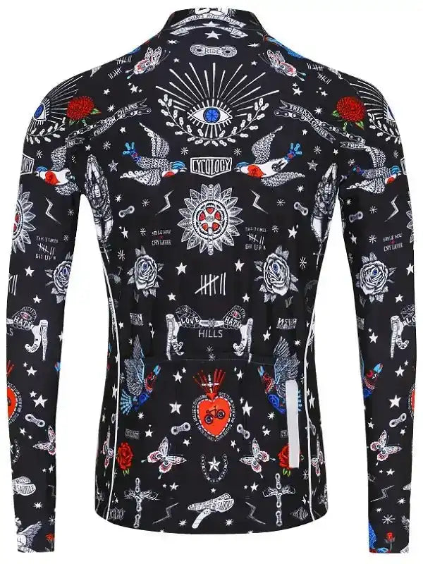 Men's long sleeve cycling jersey with tattoo-style print, roses, stars, and cycling motifs on black fabric