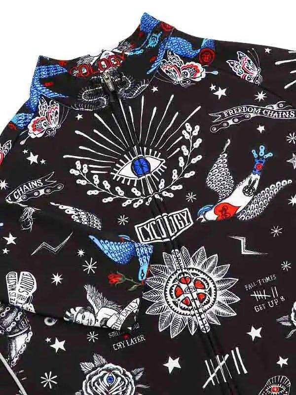 Black cycling jersey with bold eye, butterfly, and star print design for men and women