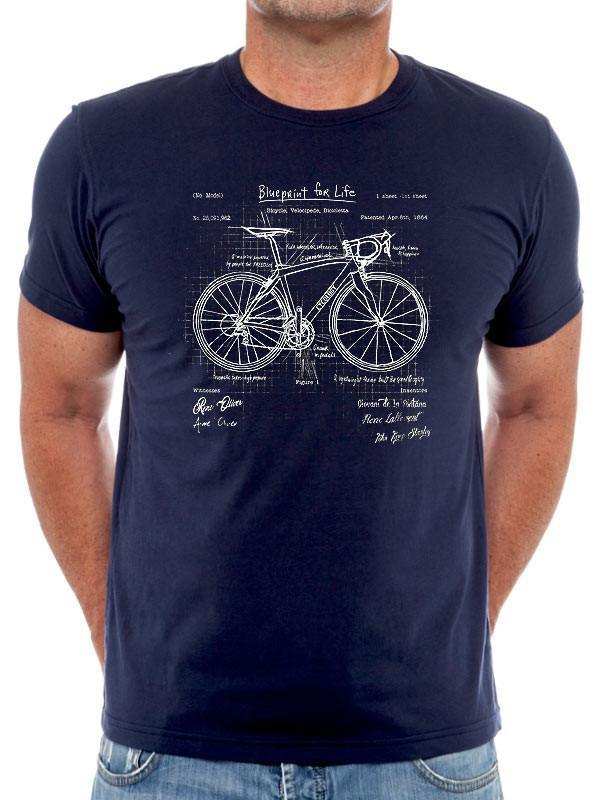 Men's navy cycling t-shirt with vintage bicycle blueprint design, ideal for bike enthusiasts and casual wear.