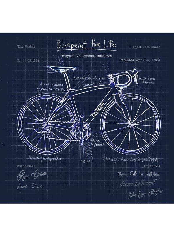 Blueprint-style cycling bike diagram with technical annotations on grid background