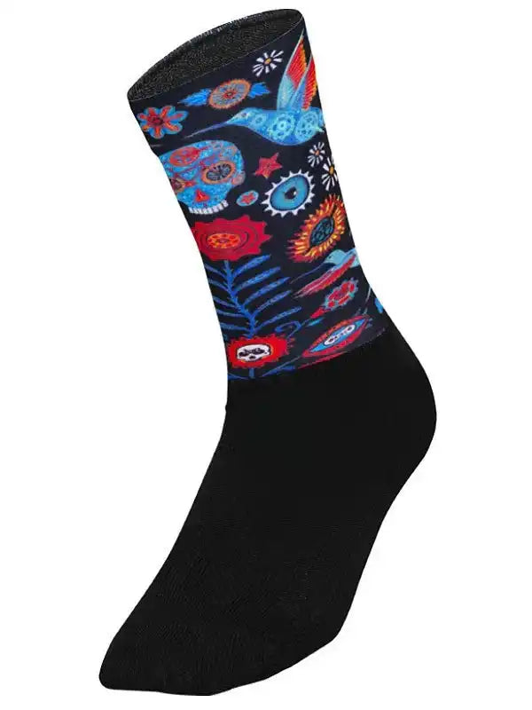 Colorful sugar skull cycling sock with floral and gear patterns, black base, vibrant design for bike rides