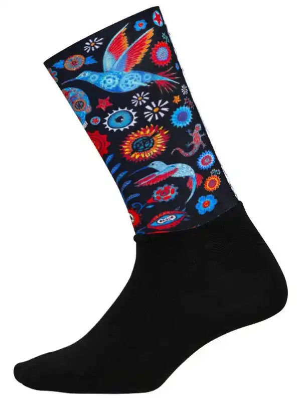 Colorful cycling sock with bird and floral pattern on black background