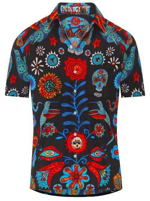 Men's vibrant cycling shirt with floral and skull print, short sleeves, button-front design