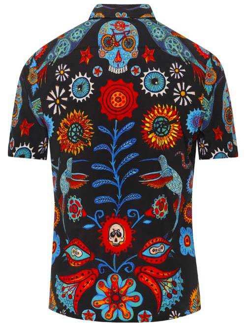 Men's cycling shirt with vibrant floral and skull print, bold colors, short sleeves, ideal for bike rides
