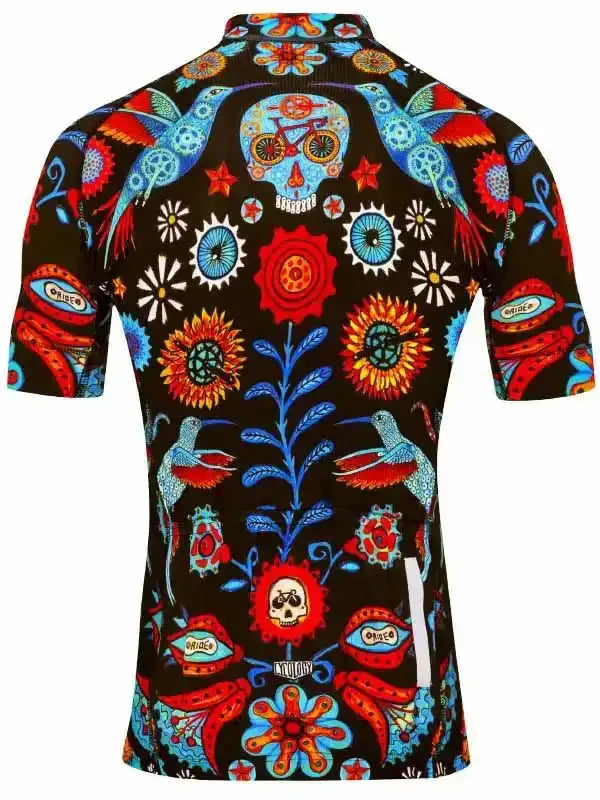 Men's cycling jersey with vibrant skull, bird, and floral pattern on black background