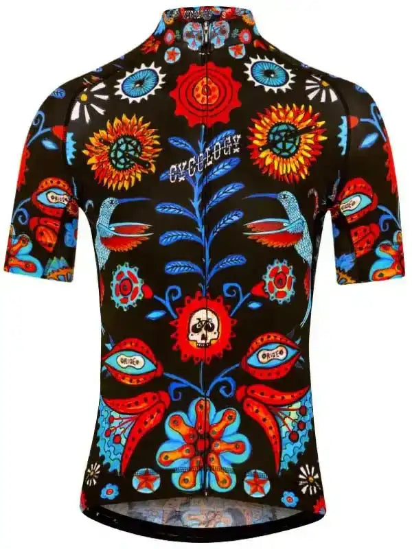 Men's cycling jersey with vibrant floral and skull print, short sleeves, full zip front