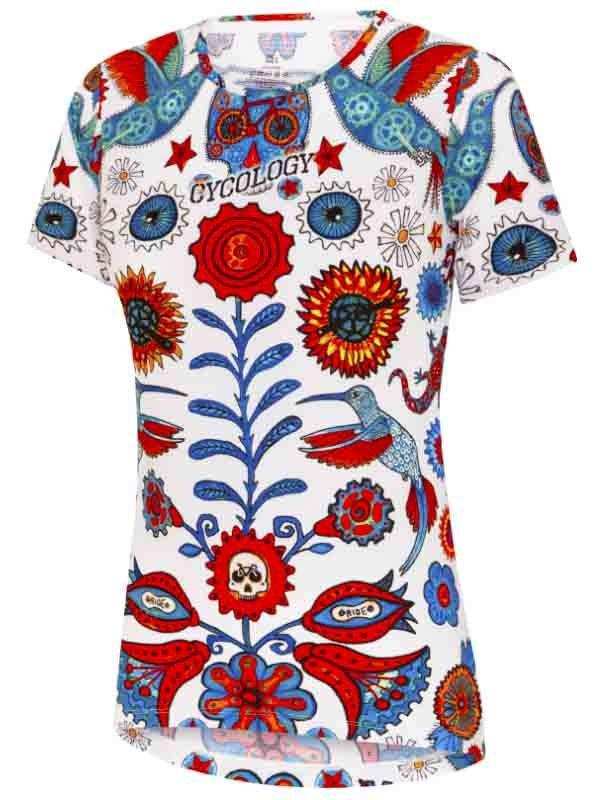 Women's cycling jersey with vibrant floral, bird, and gear print in red, blue, and white