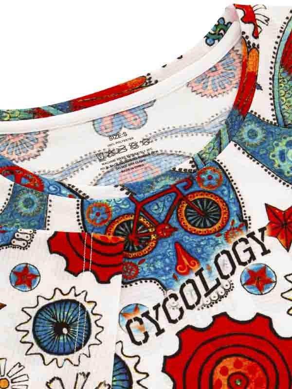 Cycling-themed t-shirt with bold gear and bike graphics, vibrant red and blue design