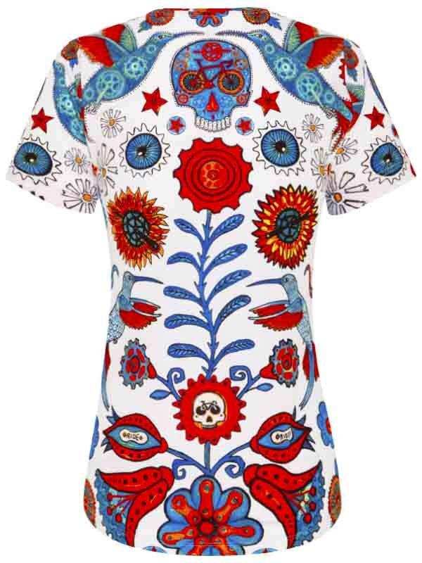 Women's cycling jersey with vibrant floral, skull, and hummingbird print in red, blue, white