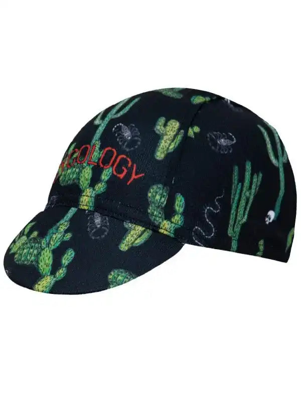 Black cycling cap with green cactus print and red 'Cycology' text, ideal for bike rides