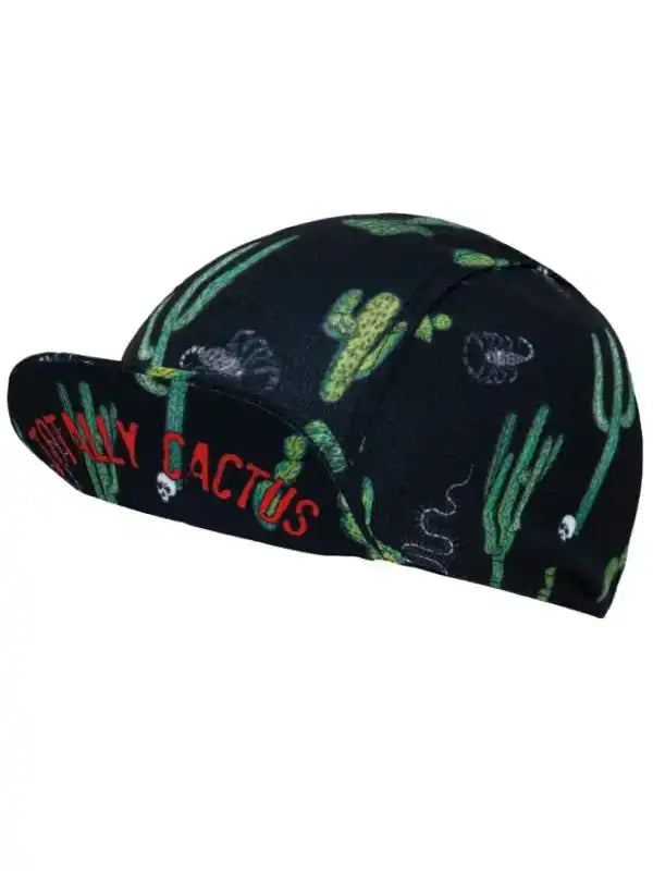 Black cycling cap with green cactus print and 'Totally Cactus' text, ideal for men's and women's bike rides.