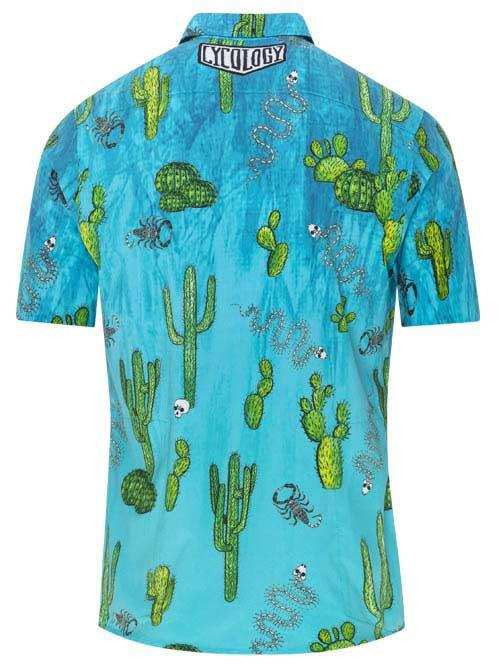 Men's turquoise cycling shirt with cactus and scorpion print, short sleeve, back view