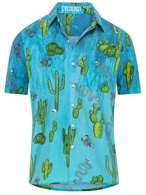 Men's turquoise cactus print cycling shirt with scorpion and skull details, short sleeve design